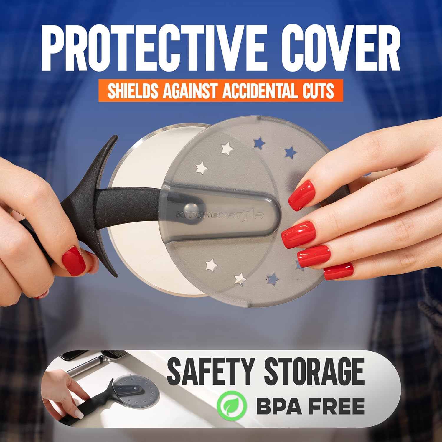 KitchenStar Pizza Cutter Wheel - 304 Stainless Steel Slicer Knife with Super Sharp Blade, Anti-Wobble Axle Mechanism, Ergonomic Non-Slip Handle & Protective Cover, Dishwasher Safe