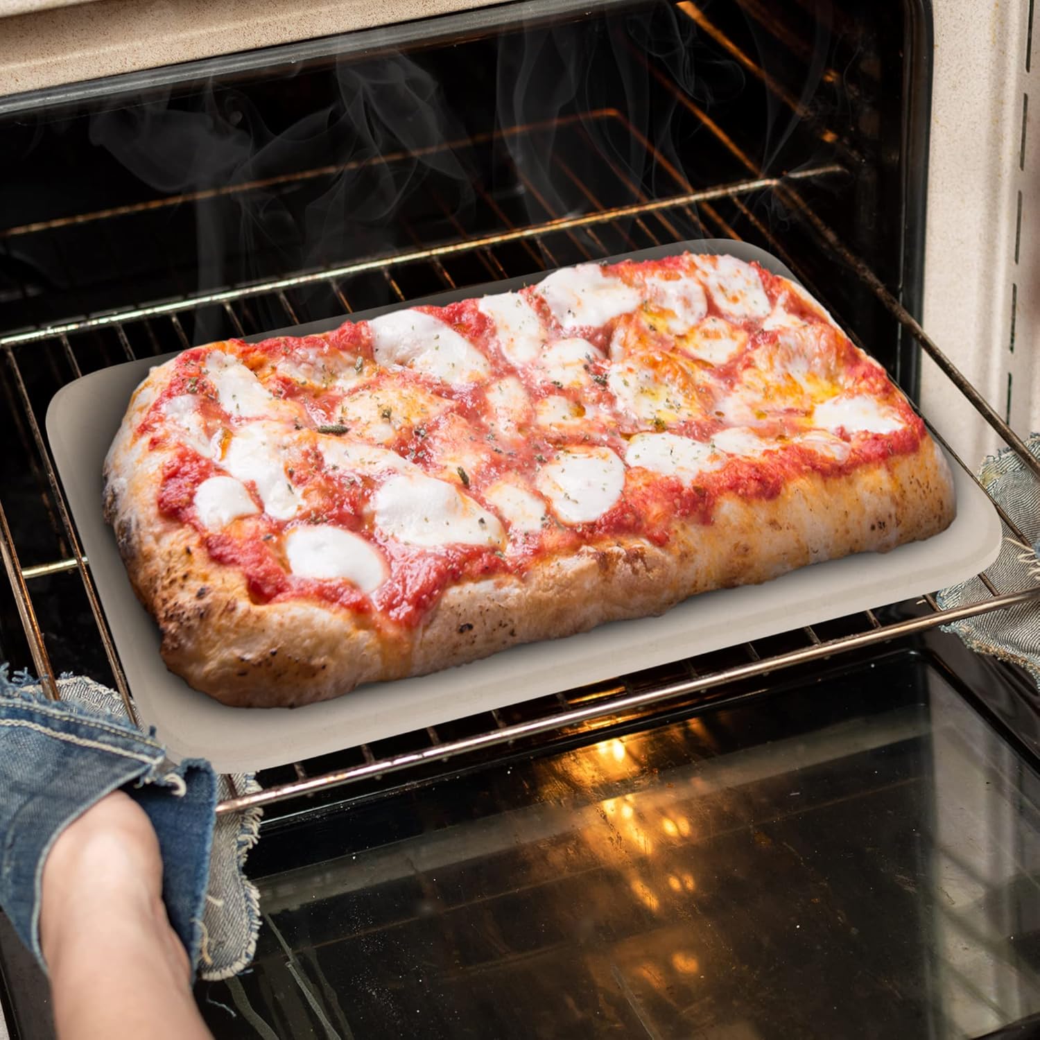 Pizza Stone for Oven and Grill 15x12 inch Square - Rectangular Cordierite Baking Stone Set with Stainless Steel Rack and Plastic Scraper - Durable and High-Quality Stone for Grilling