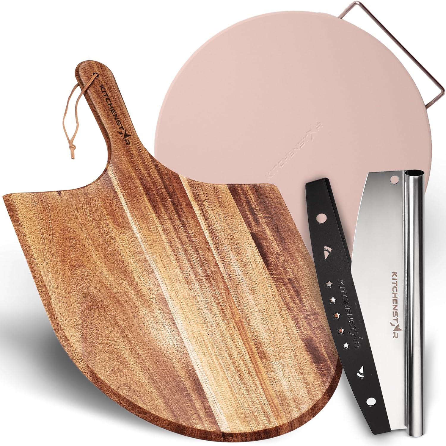KitchenStar Pizza Cutter Rocker 14 inch + Acacia Wood Pizza Peel 14" + Pizza Stone for Oven and Grill 14" - Pizza Making Set Bundle