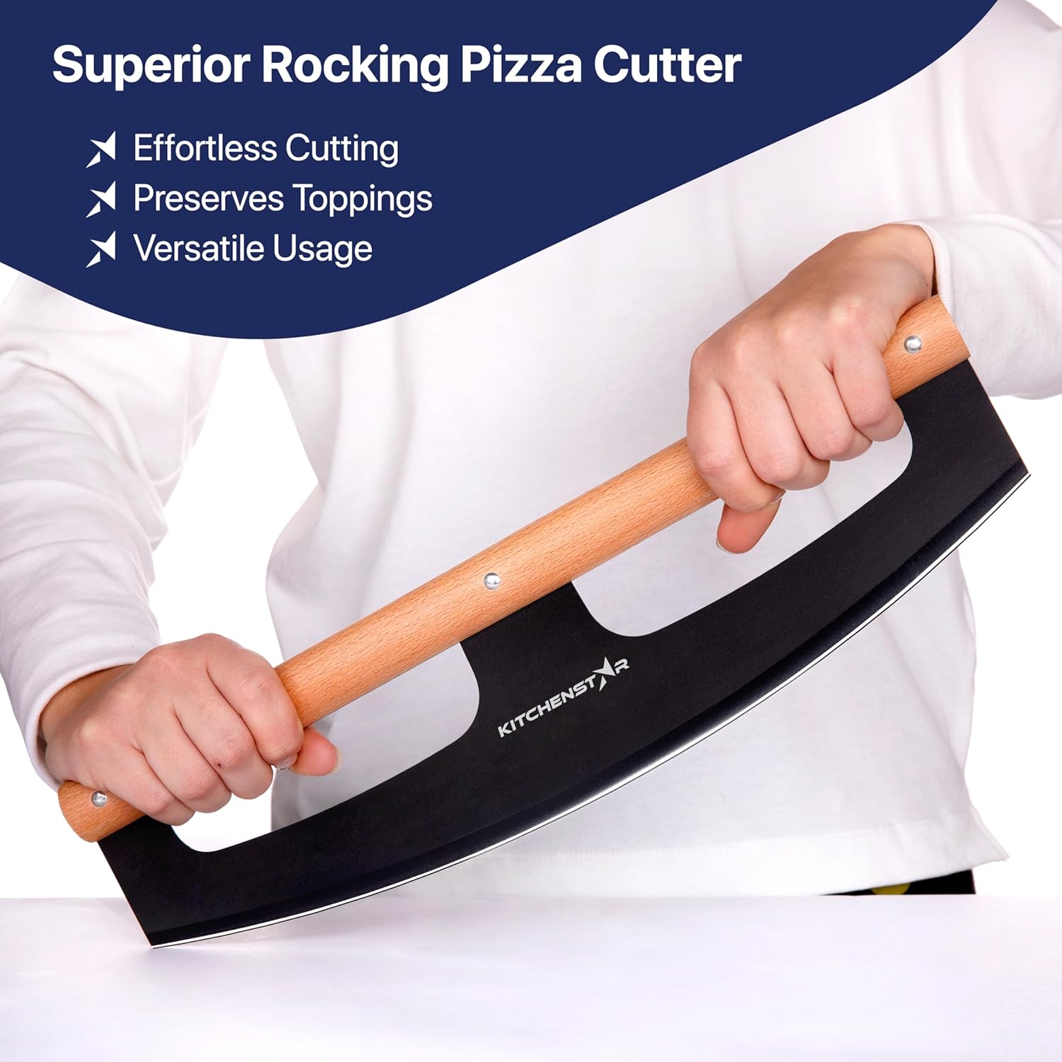 16" Pizza Cutter Rocker by KitchenStar - Razor Sharp Stainless Steel Slicer Knife w Wooden Handle & Blade Cover, Black - Premium Pizza Oven Accessories