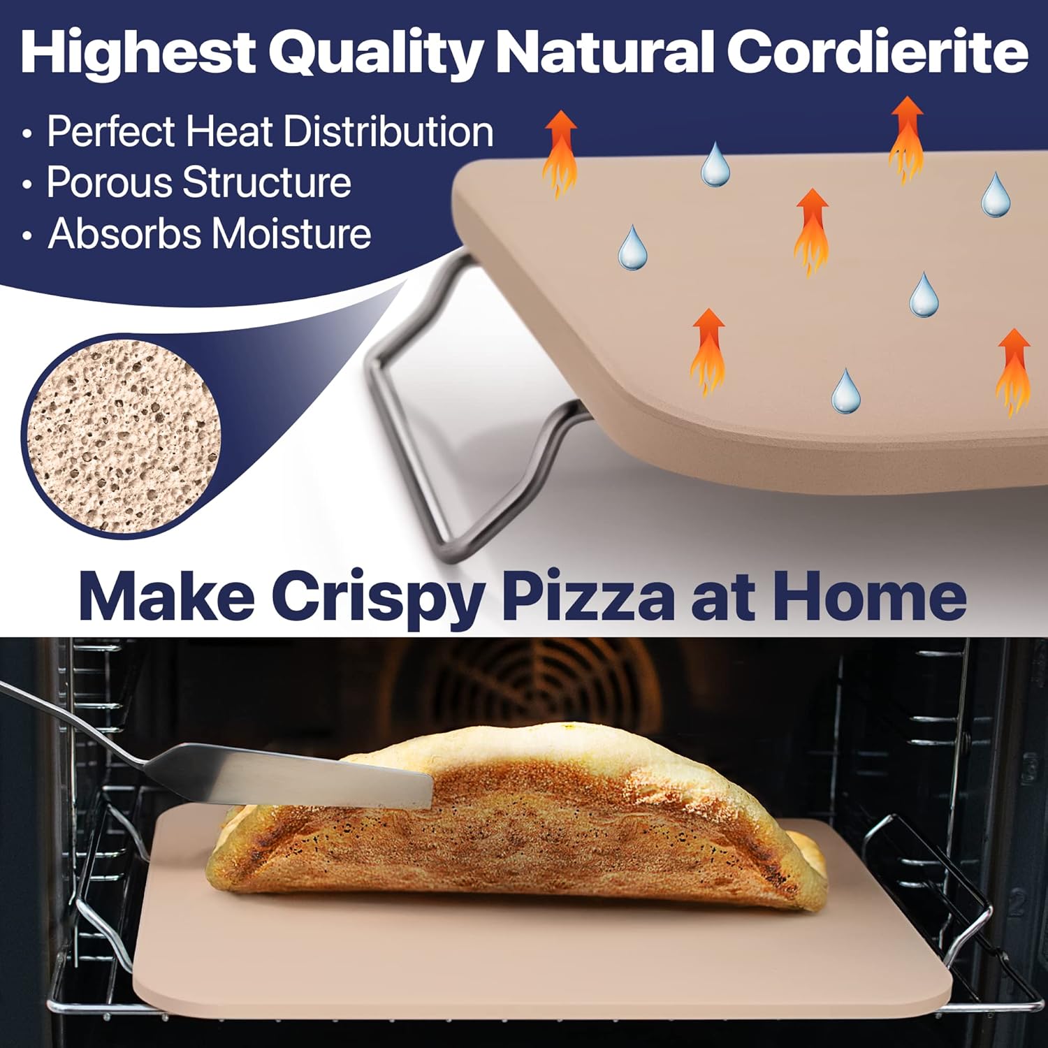 Pizza Stone for Oven and Grill 15x12 inch Square - Rectangular Cordierite Baking Stone Set with Stainless Steel Rack and Plastic Scraper - Durable and High-Quality Stone for Grilling