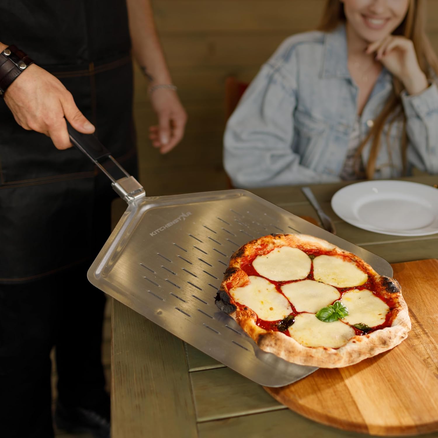 14" Perforated Pizza Peel with Long Folding Handle - Stainless Steel Spatula Paddle for Effortless Pizza Transfer & Easy Storrage - Outdoor Pizza Oven Accessories