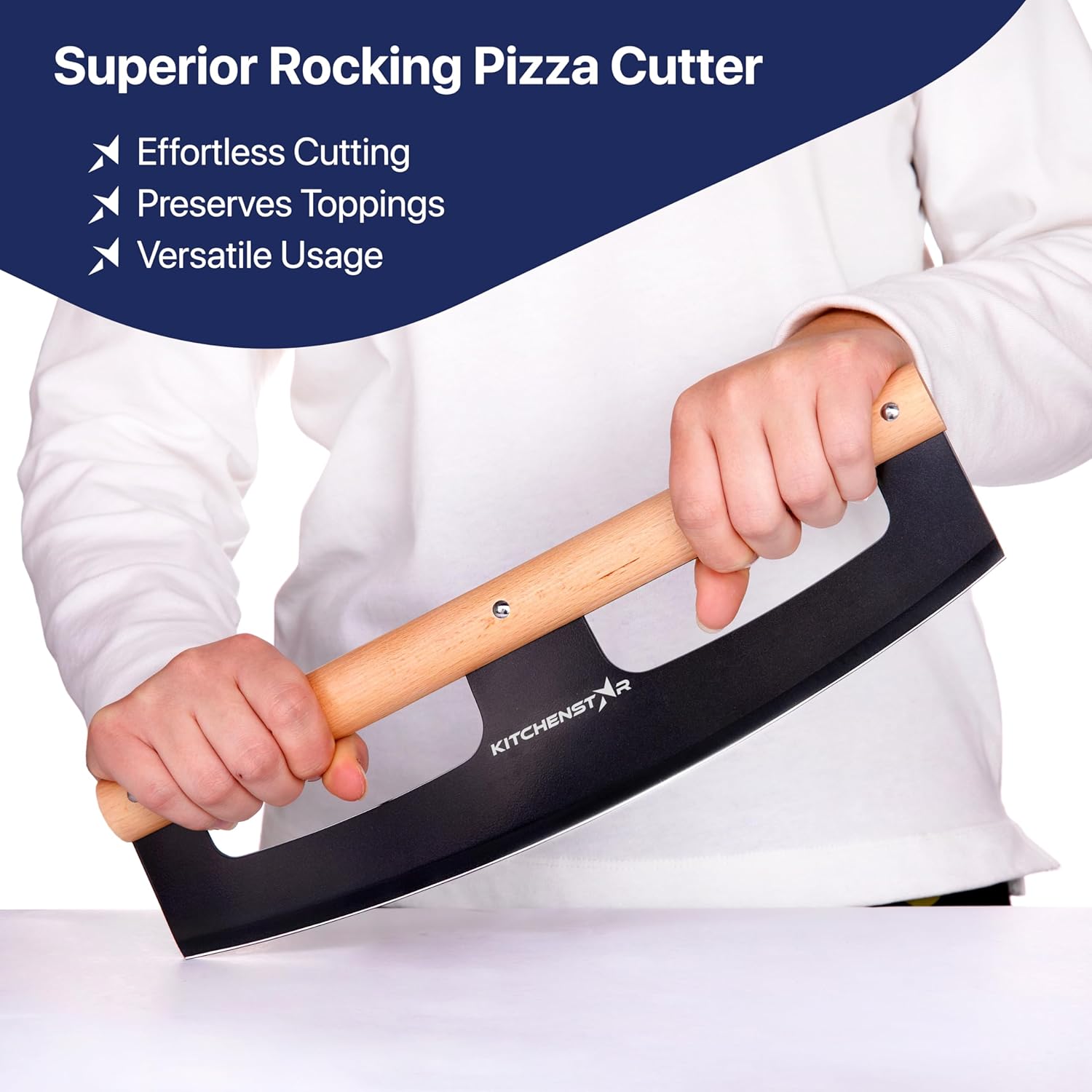 14" Pizza Cutter Rocker by KitchenStar - Razor Sharp Stainless Steel Slicer Knife w Wooden Handle & Blade Cover, Black - Premium Pizza Oven Accessories
