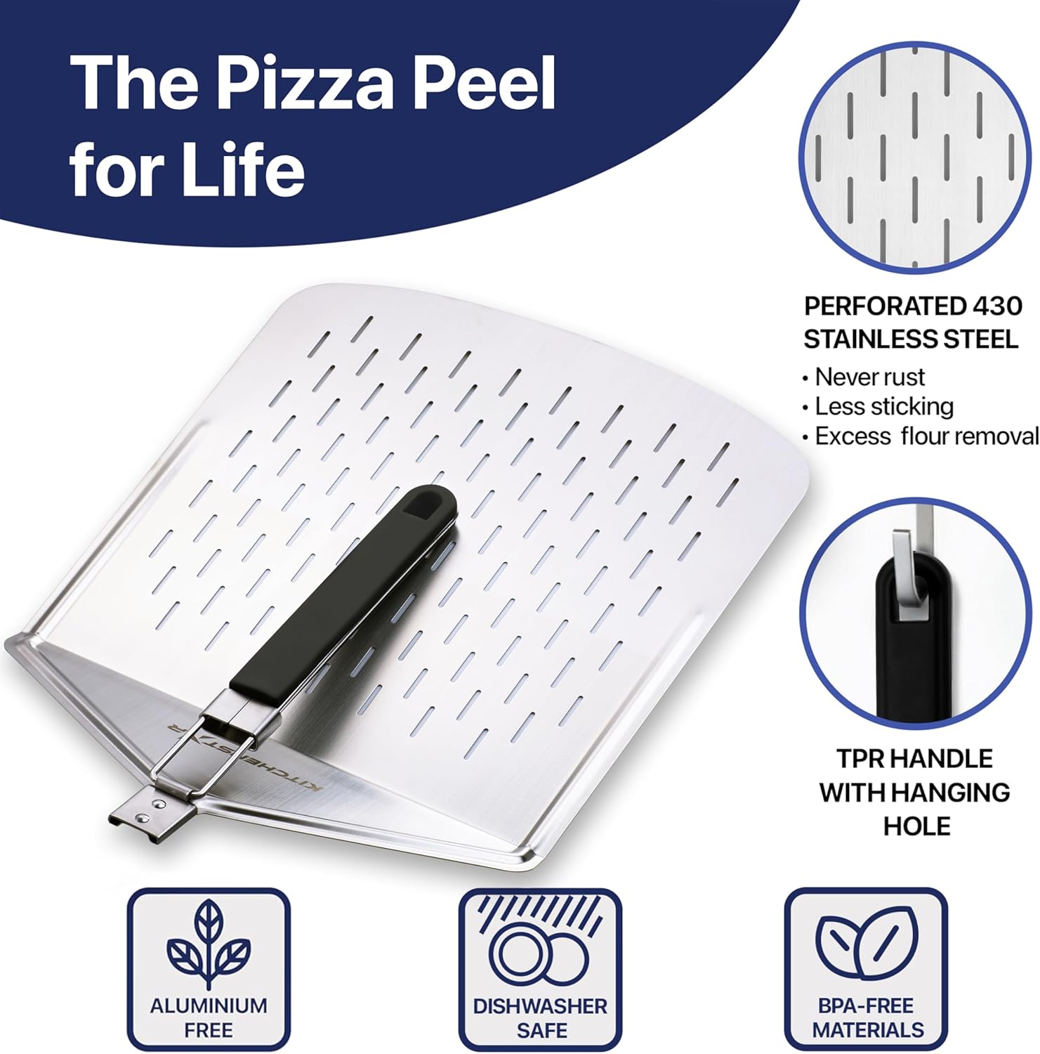 14" Perforated Pizza Peel with Long Folding Handle - Stainless Steel Spatula Paddle for Effortless Pizza Transfer & Easy Storrage - Outdoor Pizza Oven Accessories
