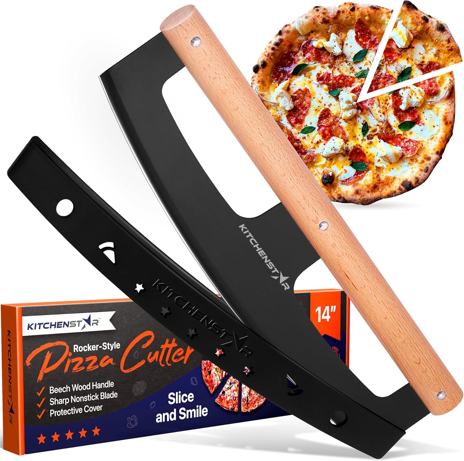14" Pizza Cutter Rocker by KitchenStar - Razor Sharp Stainless Steel Slicer Knife w Wooden Handle & Blade Cover, Black - Premium Pizza Oven Accessories