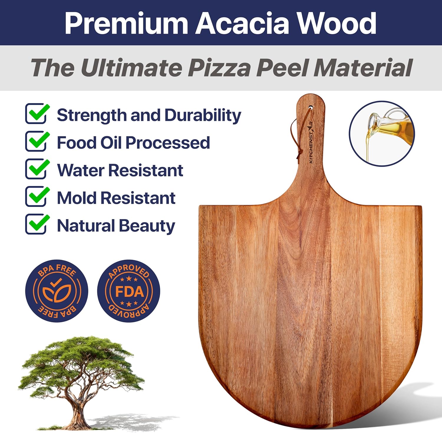 KitchenStar Pizza Cutter Rocker 16" Blade + Wooden Pizza Peel 16" - Pizza Making Bundle