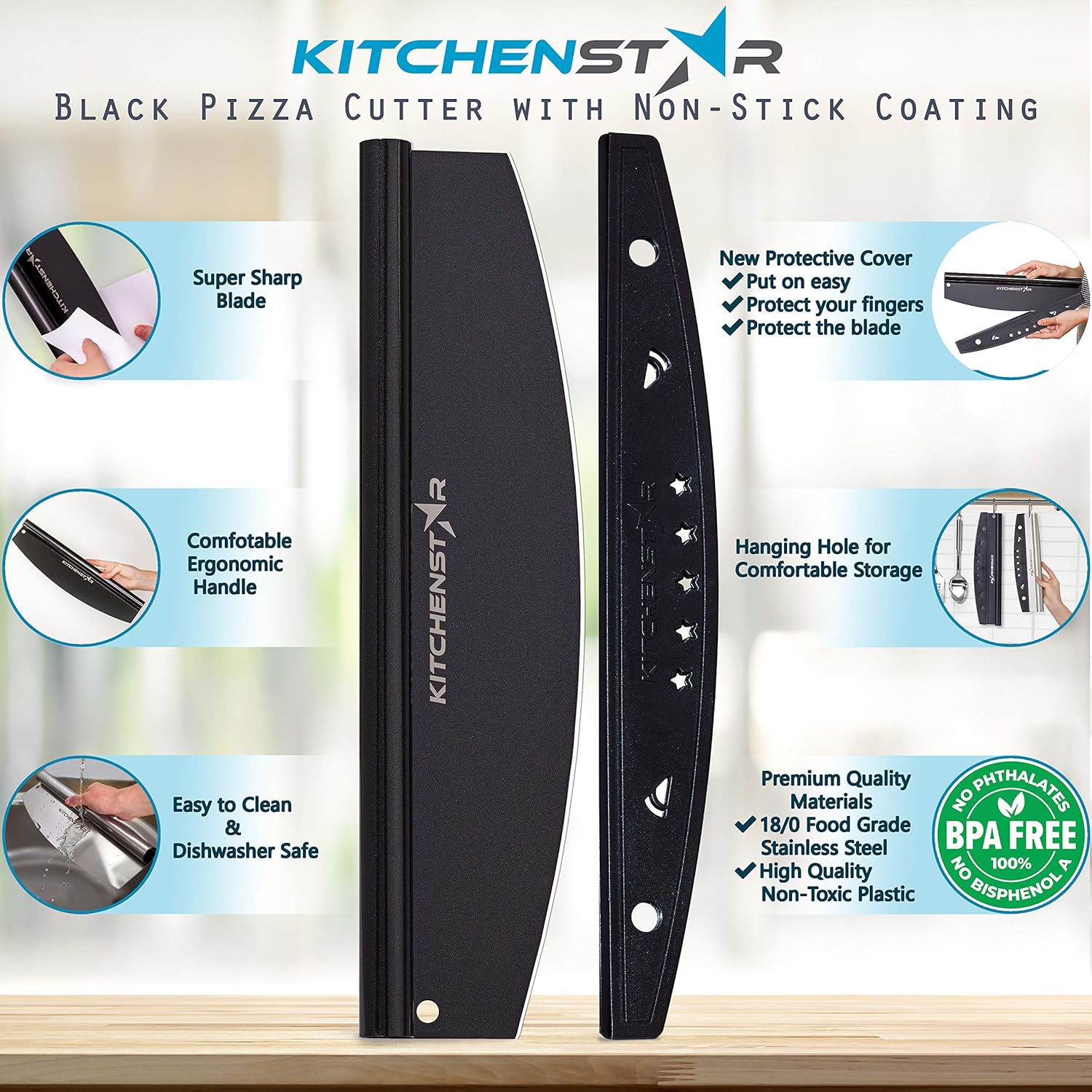 KitchenStar Pizza Stone for Oven and Grill 12 inch + Pizza Cutter Rocker 12" Black - Pizza Making Set Bundle - Premium Pizza Oven Accessories and Tools