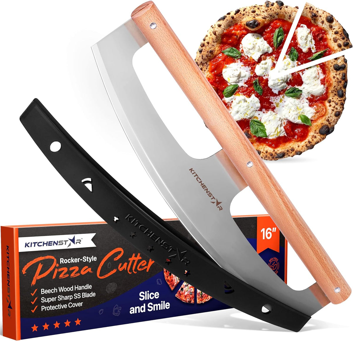 KitchenStar 16 inch stainless steel pizza cutter rocker blade with wooden handle, silver