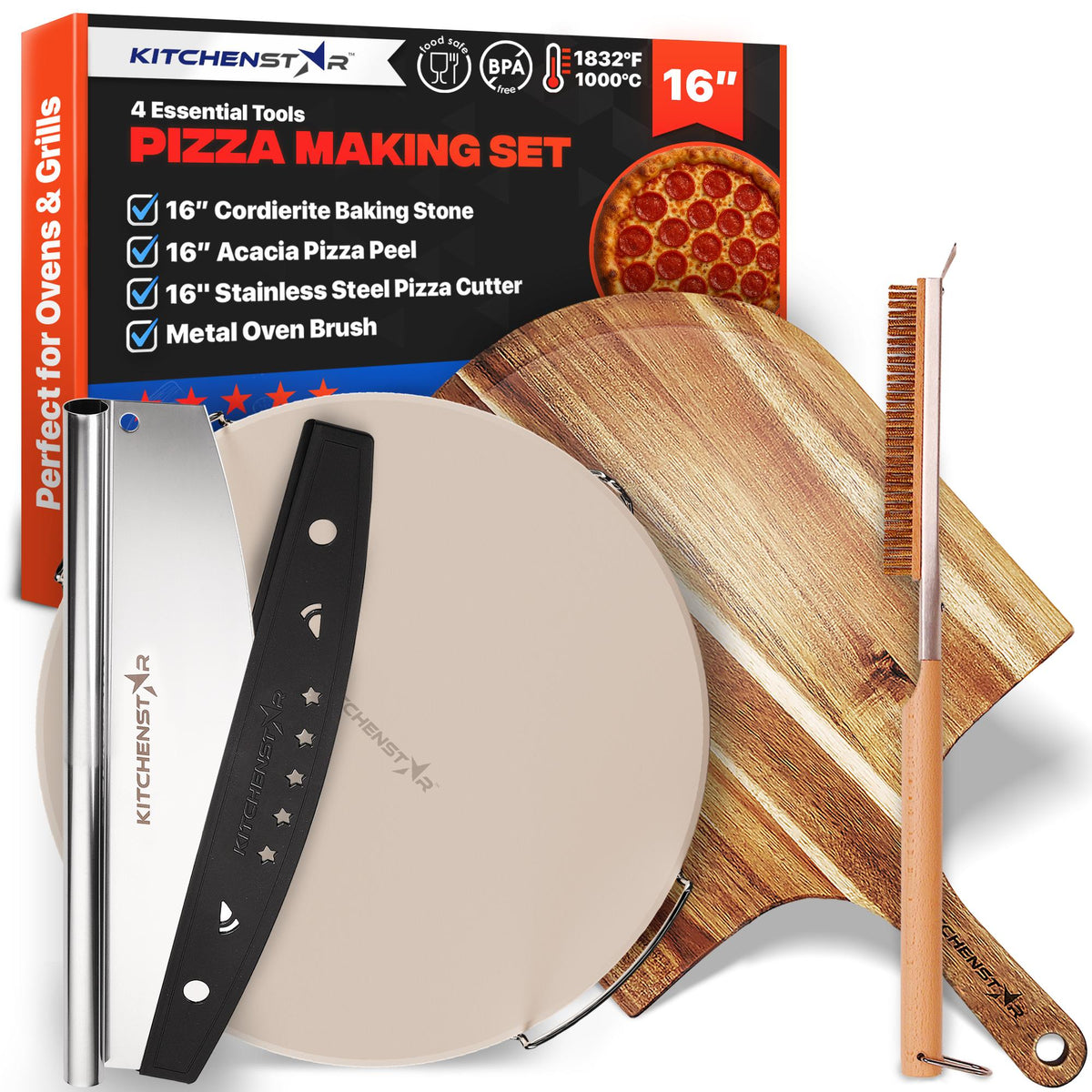 KitchenStar 16 inch pizza making kit: cordierite stone with rack, acacia peel, pizza cutter rocker and oven brush