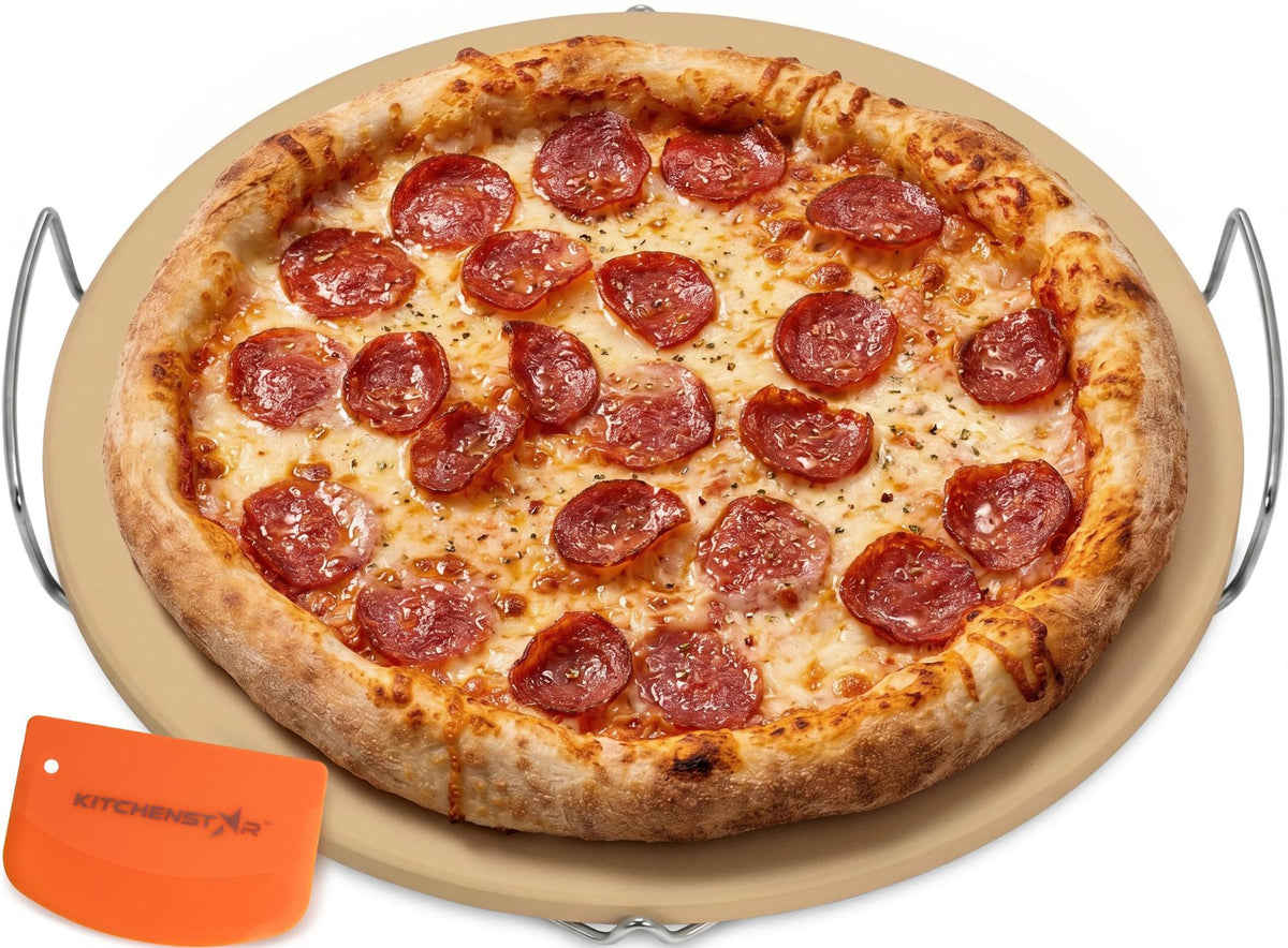 KitchenStar 16 inch round cordierite pizza stone with pepperoni pizza, stainless steel rack and scraper