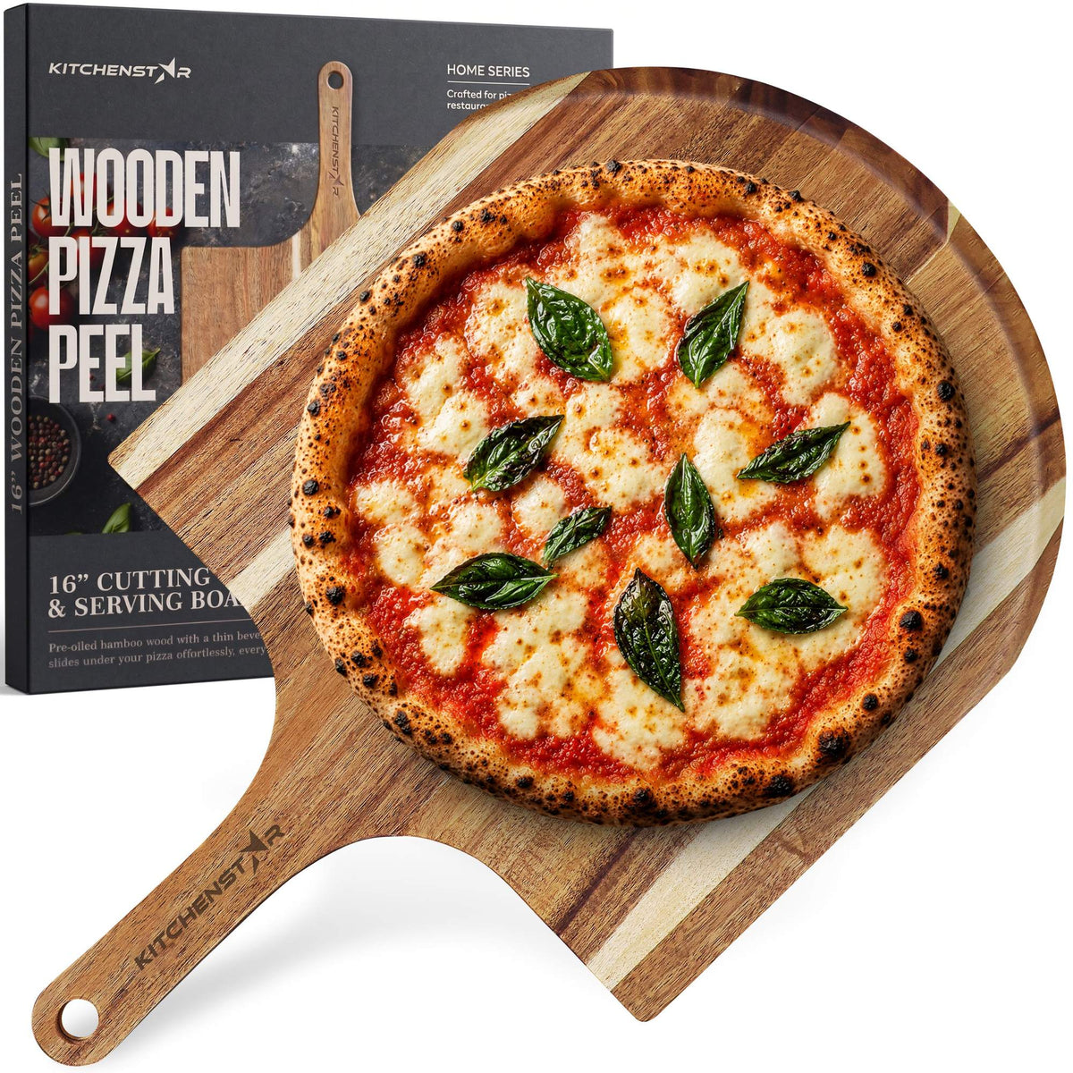 KitchenStar 16 inch acacia wood pizza peel with margherita pizza and gift box
