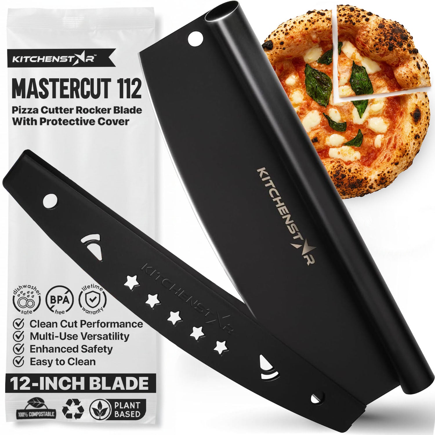 KitchenStar 12-Inch Pizza Cutter Rocker Blade - Sharp Stainless Steel Slicer Knife, Protective Cover, Black Nonstick, Small - Professional Pizza Oven Accessories