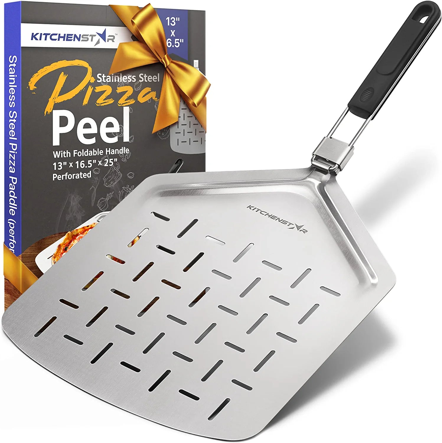 KitchenStar Perforated Stainless Steel Pizza Peel with Folding Handle
