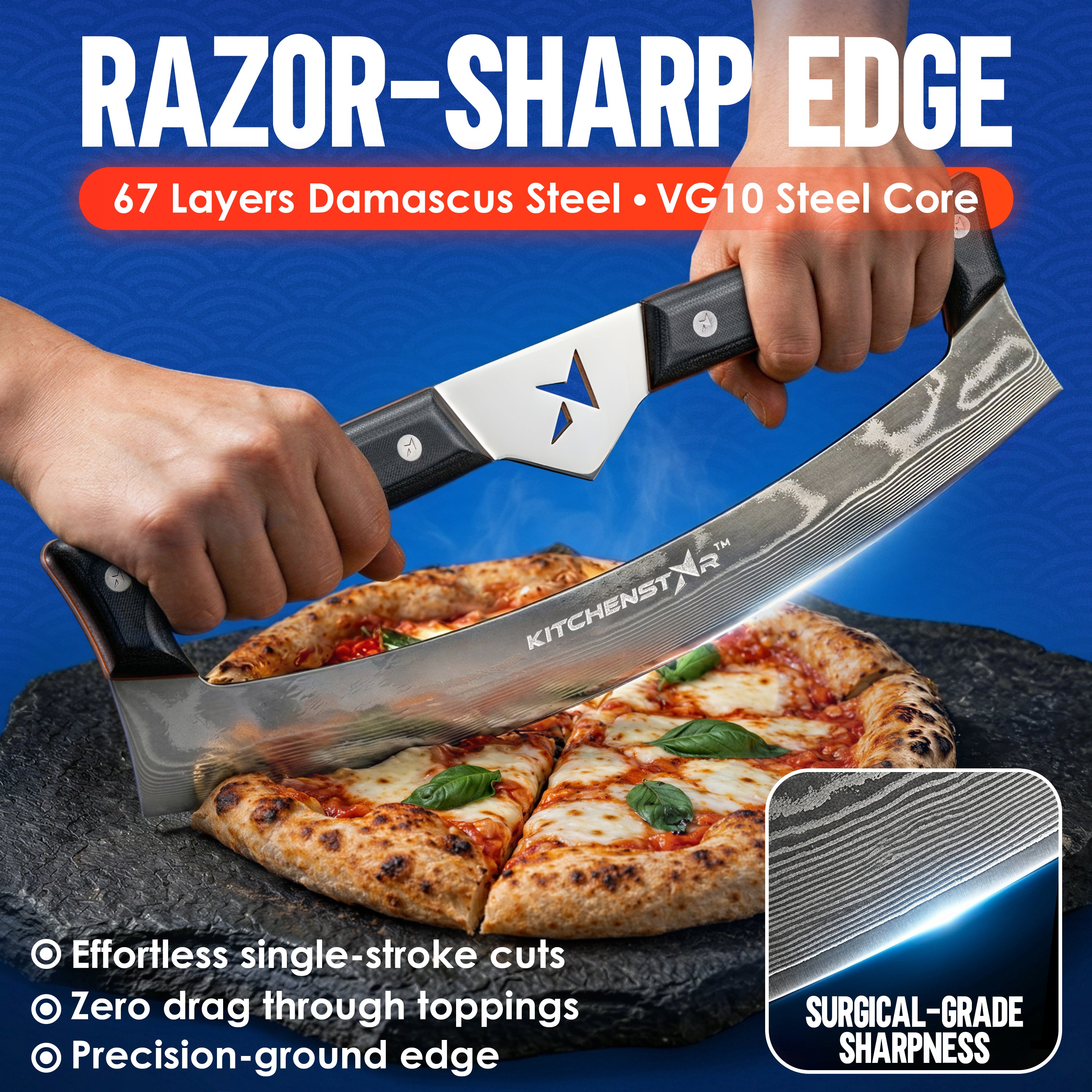 KitchenStar Kensei — Damascus VG10 Rocker Knife 16" | Slices Any Pizza in One Stroke | Leather Sheath Included