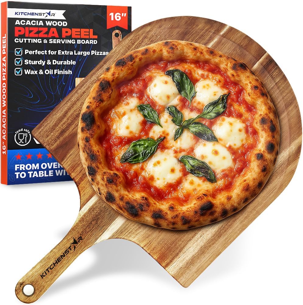 KitchenStar Acacia Wood Pizza Peel 16 inch - Extra Large Wooden Pizza Paddle Spatula for Oven - Beautiful Cutting & Serving Board with Handle - Pizza Oven Accessories