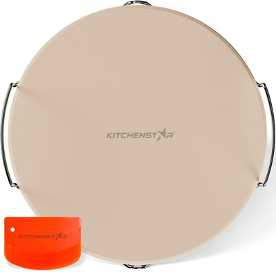 14-inch Pizza Stone for Oven and BBQ Grill with Handles, Round, 5/8" Thick - Natural Cordierite, 1800 °F Resistant, Baking Stone Set with Stainless Steel Rack & Plastic Scraper Tool