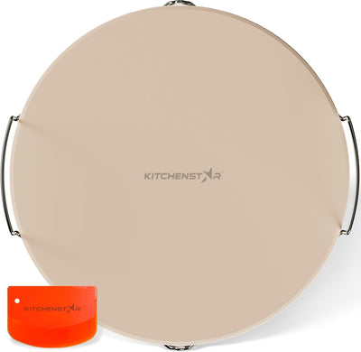 16-inch Pizza Stone for Oven and BBQ Grill with Handles, Round, 5/8" Thick - Natural Cordierite, 1800 °F Resistant, Baking Stone Set with Stainless Steel Rack & Plastic Scraper Tool