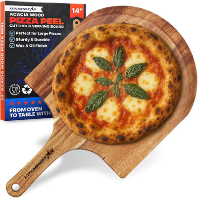 14-Inch Acacia Wood Pizza Peel – Large Wooden Cutting & Serving Board with Handle – Natural Oil Finish – Ideal Pizza Oven Accessory for Easy Sliding & Prep