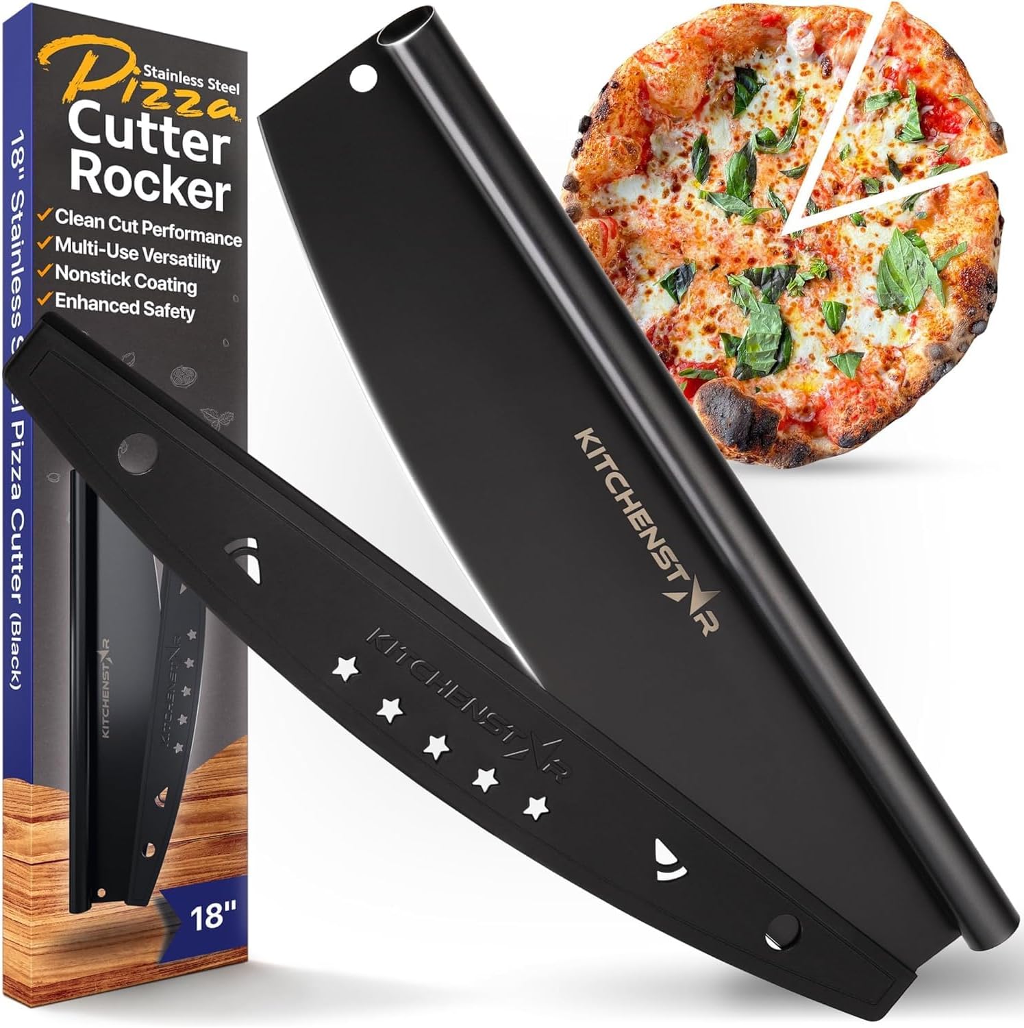 18" Black Non-Stick Pizza Cutter by KitchenStar | Sharp Stainless Steel Slicer Knife - Rocker Style w Blade Cover | Chop and Slices Perfect Portions + Dishwasher Safe – Premium Pizza Oven Accessories