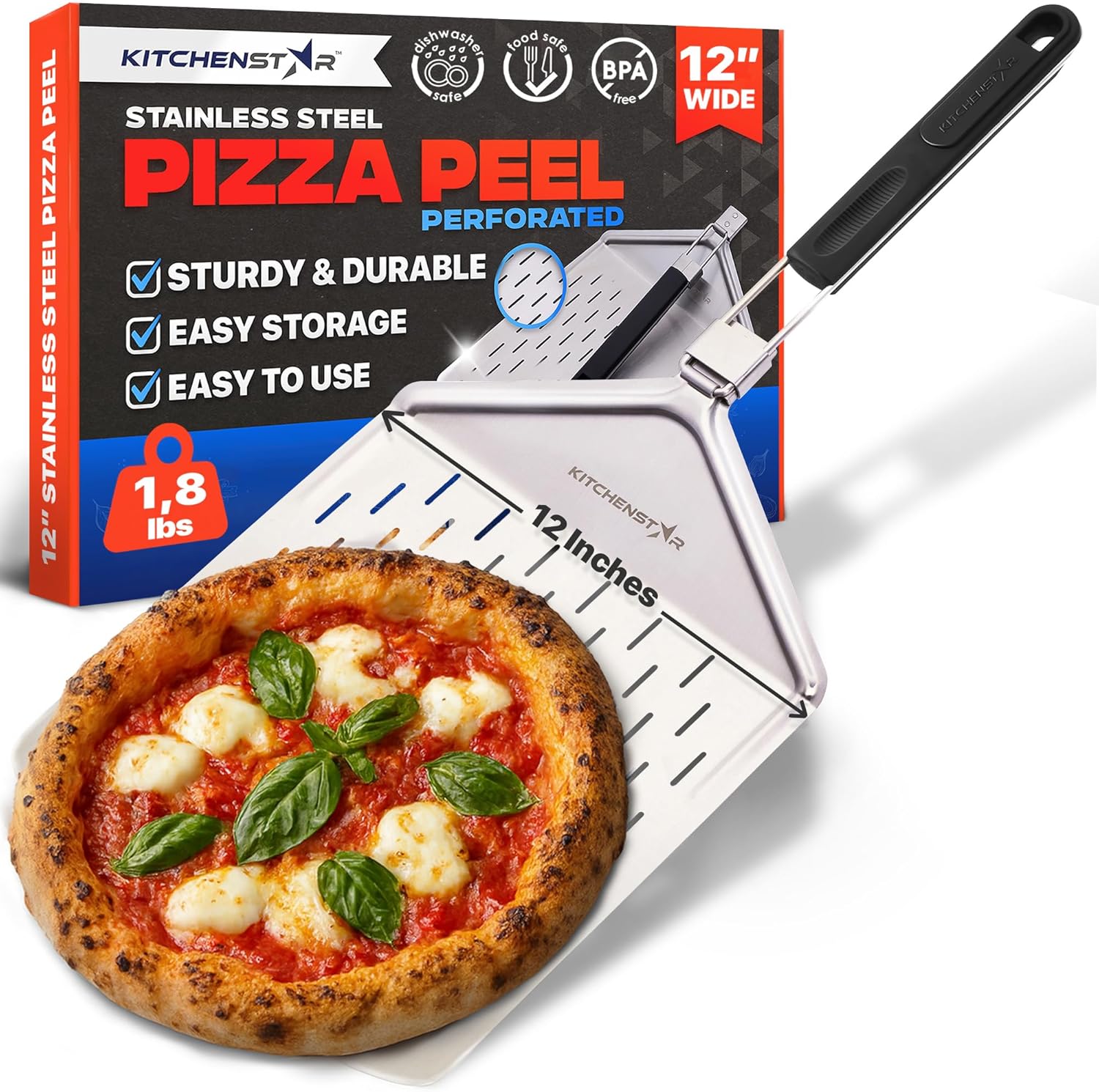 12" Perforated Pizza Peel with Long Folding Handle - Stainless Steel Spatula Paddle for Effortless Pizza Transfer & Easy Storrage - Outdoor Pizza Oven Accessories
