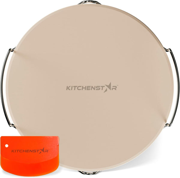 12-inch Pizza Stone for Oven and BBQ Grill with Handles, Round, 5/8" Thick - Natural Cordierite, 1800 °F Resistant, Baking Stone Set with Stainless Steel Rack & Plastic Scraper Tool
