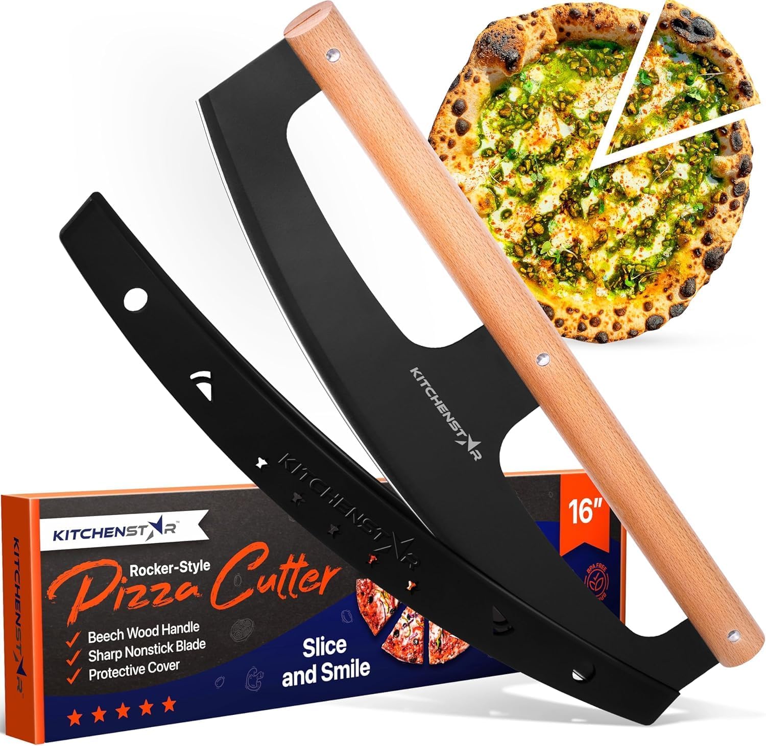 16" Pizza Cutter Rocker by KitchenStar - Razor Sharp Stainless Steel Slicer Knife w Wooden Handle & Blade Cover, Black - Premium Pizza Oven Accessories