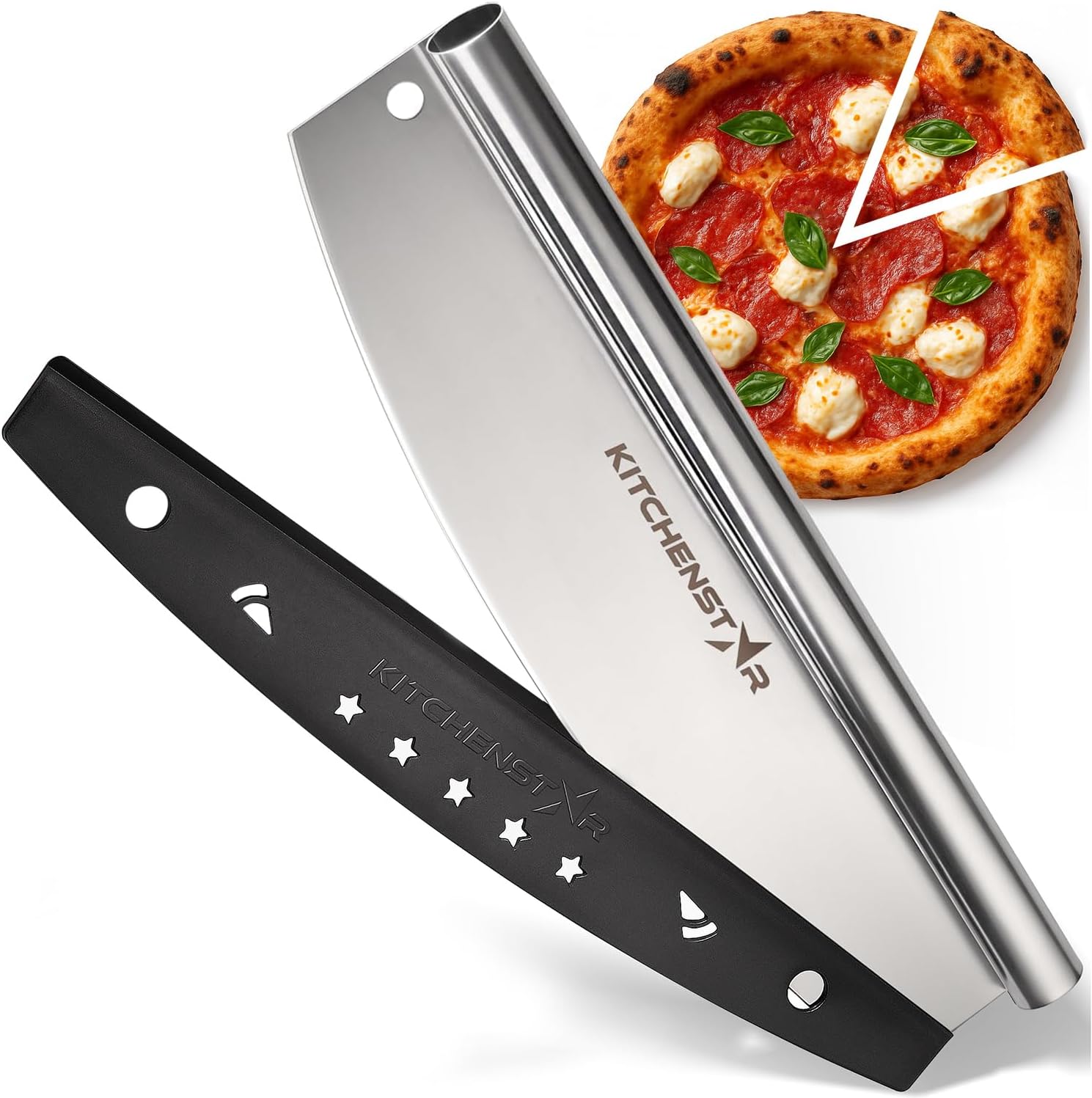 14” Pizza Cutter by KitchenStar | Sharp Stainless Steel Slicer Knife - Rocker Style w Blade Cover | Chop and Slices Perfect Portions + Dishwasher Safe – Premium Pizza Oven Accessories