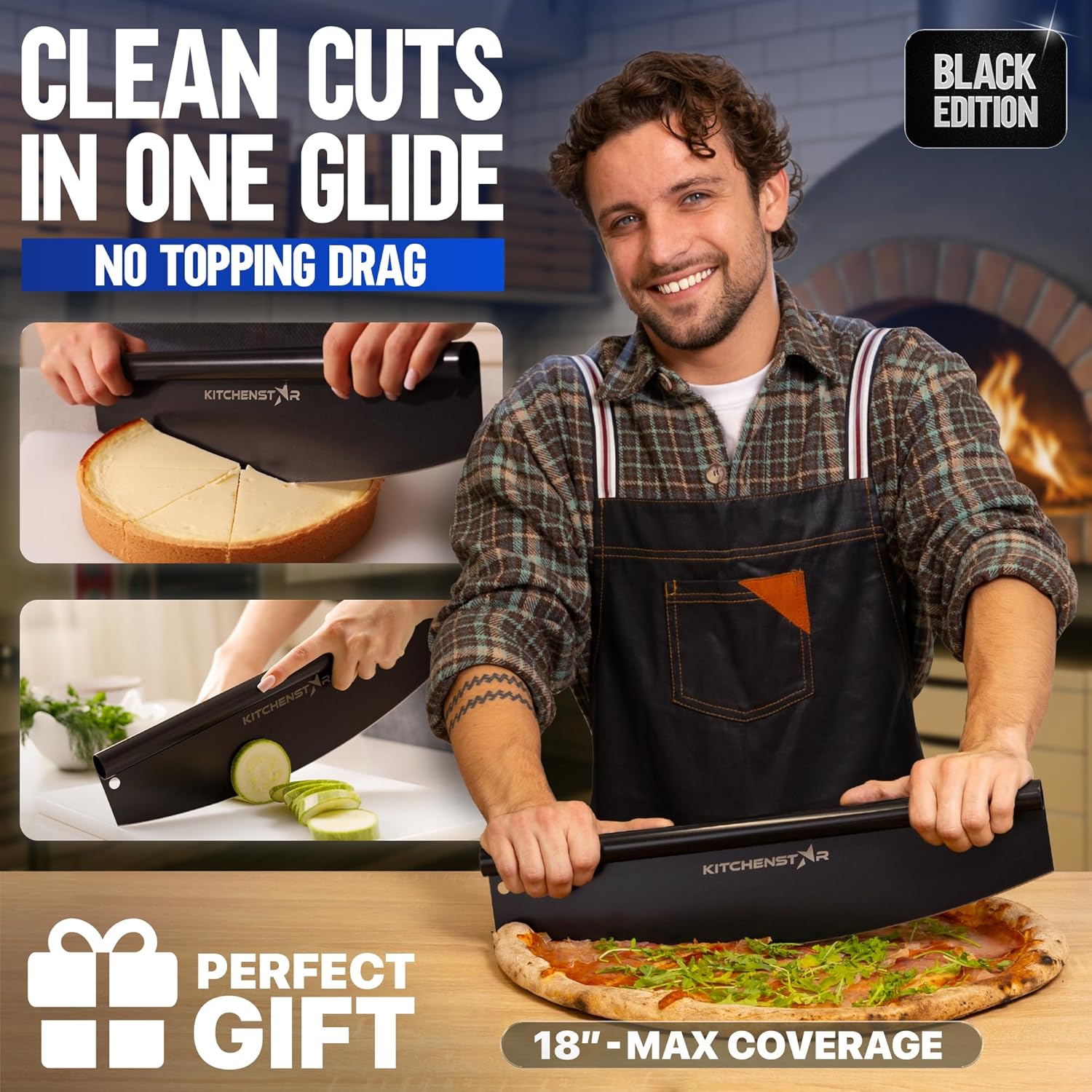 18" Black Non-Stick Pizza Cutter by KitchenStar | Sharp Stainless Steel Slicer Knife - Rocker Style w Blade Cover | Chop and Slices Perfect Portions + Dishwasher Safe – Premium Pizza Oven Accessories