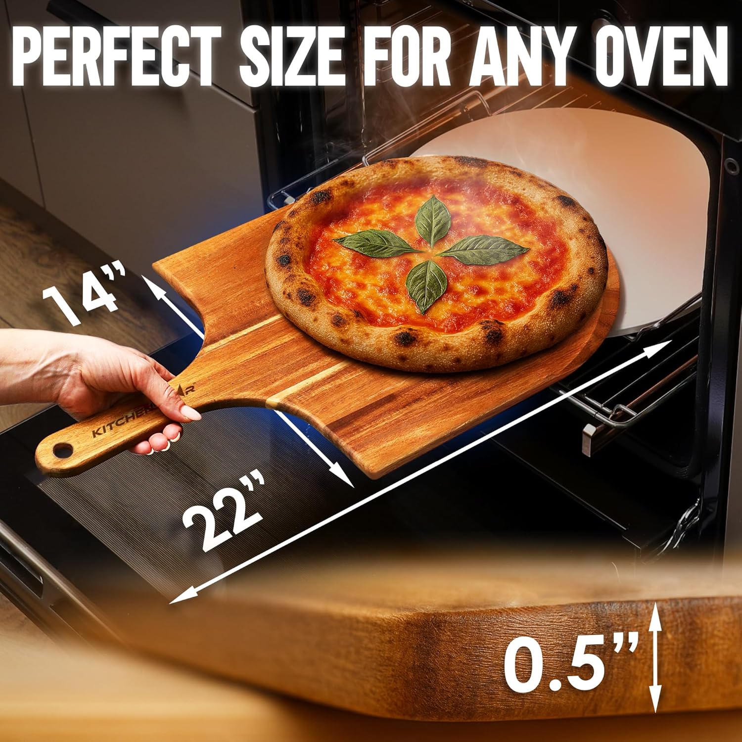 KitchenStar Acacia Wood Pizza Peel 14 inch - Large Wooden Pizza Paddle Spatula for Oven - Beautiful Cutting & Serving Board with Handle - Premium Pizza Oven Accessories