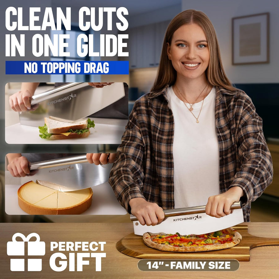 14-Inch Pizza Cutter Rocker Blade — One-Cut Slicing, Silver
