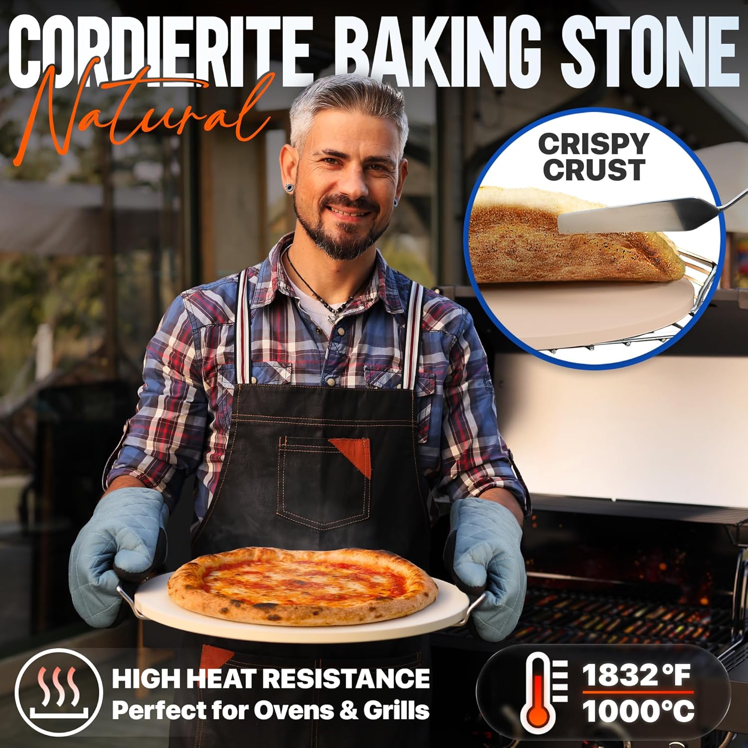 16" Pizza Making Kit (Set of 4 Tools) - Pizza Stone with SS Rack, Acacia Wood Pizza Peel, Stainless Steel Pizza Cutter Rocker w Protective Cover, Metal Brush w Scraper, Oven & Grill Accessories