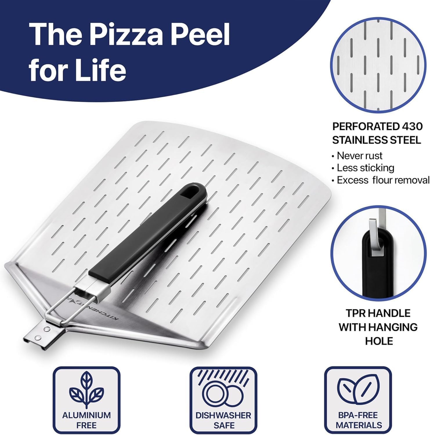 12" Perforated Pizza Peel with Long Folding Handle - Stainless Steel Spatula Paddle for Effortless Pizza Transfer & Easy Storrage - Outdoor Pizza Oven Accessories