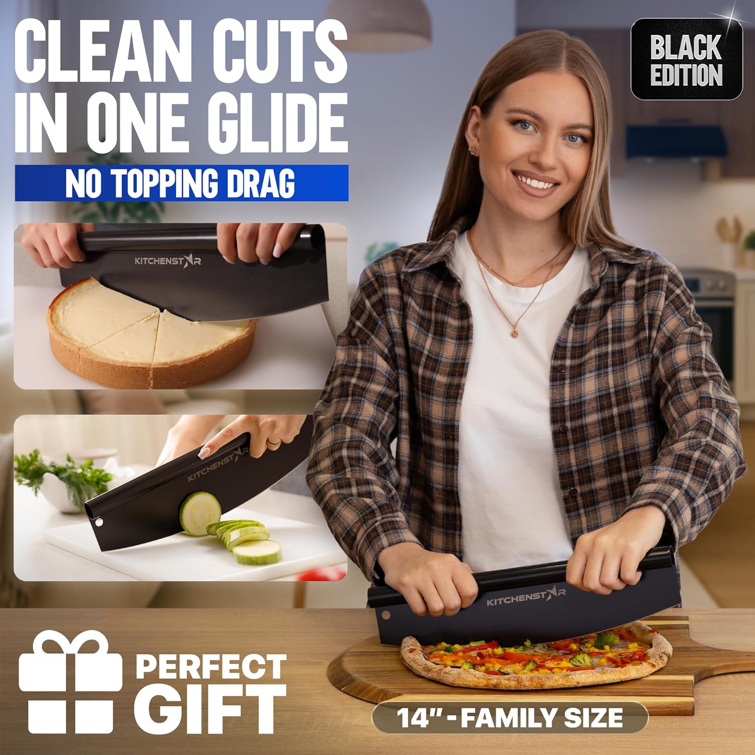 14" Black Non-Stick Pizza Cutter by KitchenStar | Sharp Stainless Steel Slicer Knife - Rocker Style w Blade Cover | Chop and Slices Perfect Portions + Dishwasher Safe – Premium Pizza Oven Accessories
