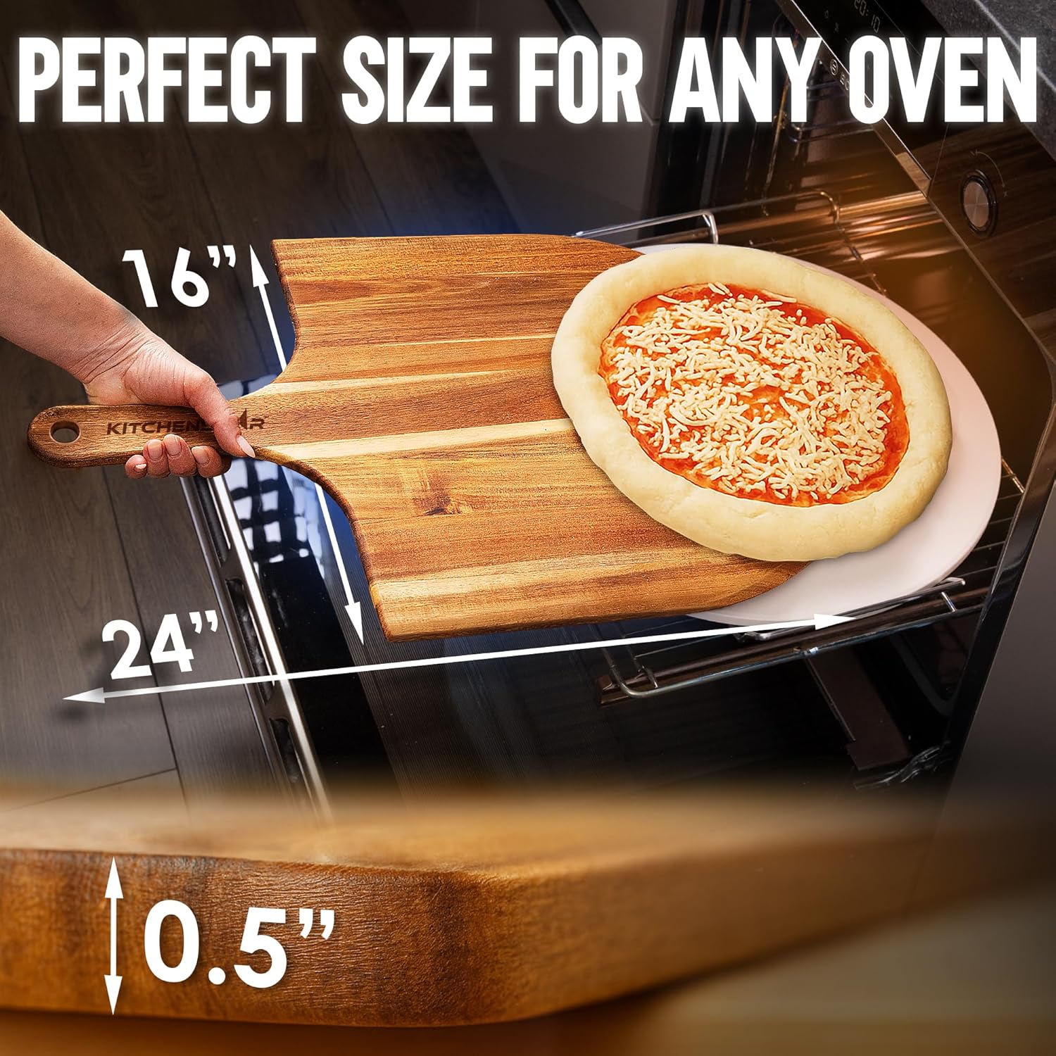 KitchenStar Acacia Wood Pizza Peel 16 inch - Extra Large Wooden Pizza Paddle Spatula for Oven - Beautiful Cutting & Serving Board with Handle - Pizza Oven Accessories
