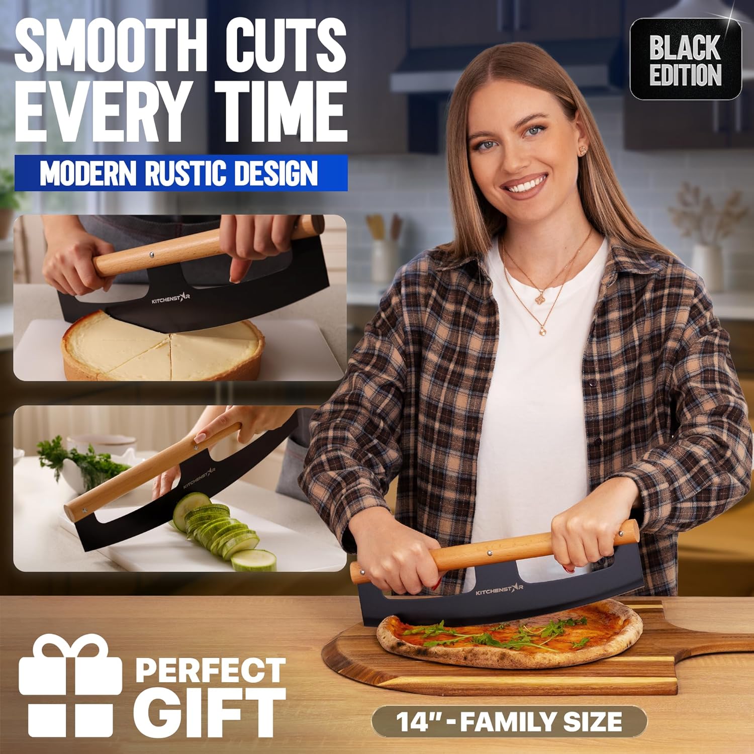 14" Pizza Cutter Rocker by KitchenStar - Razor Sharp Stainless Steel Slicer Knife w Wooden Handle & Blade Cover, Black - Premium Pizza Oven Accessories