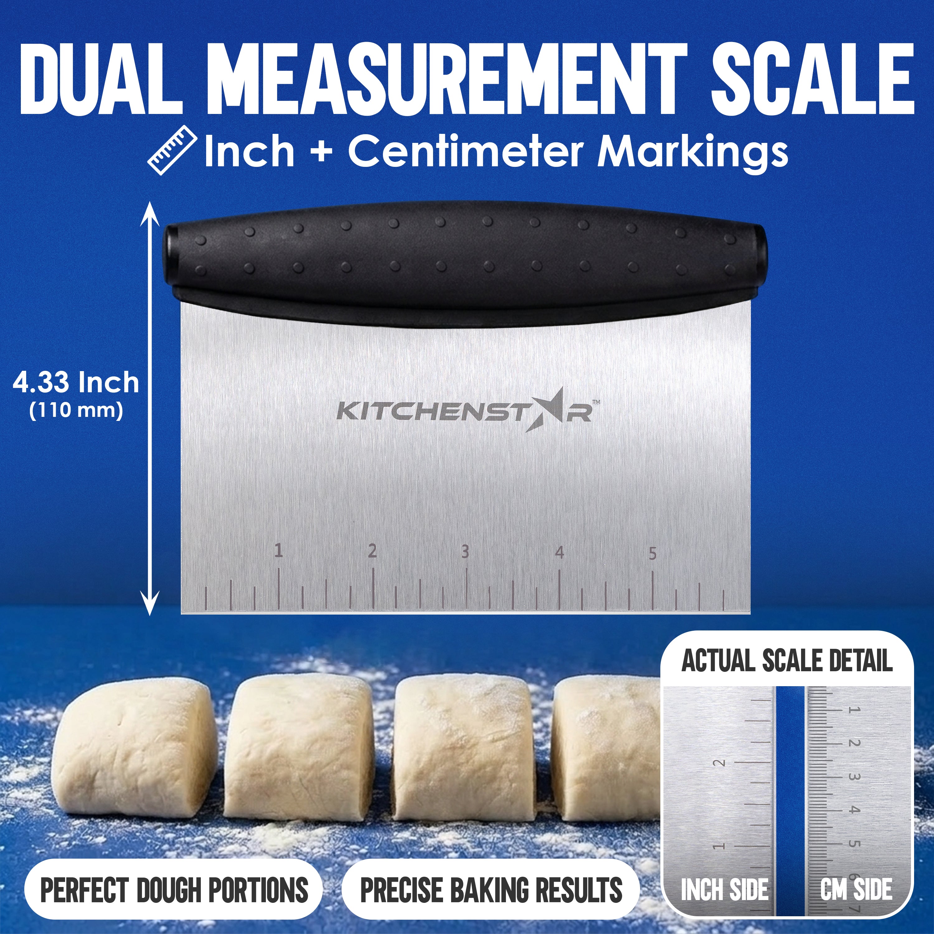 KitchenStar 6-inch Bench Dough Pastry Scraper with Measurement Markings & Ergonomic Handle - Multipurpose Sharp Cutter Tool for Bread, Pizza & Vegetables - Stainless Steel Bench Knife, Dishwasher Safe