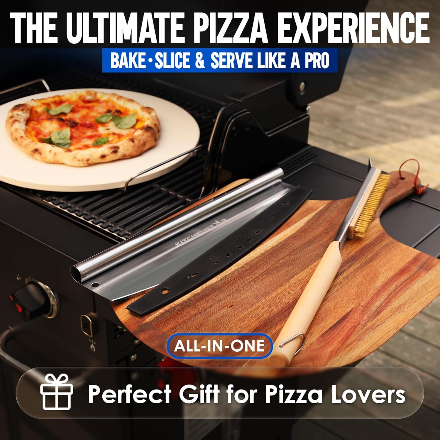 16" Pizza Making Kit (Set of 4 Tools) - Pizza Stone with SS Rack, Acacia Wood Pizza Peel, Stainless Steel Pizza Cutter Rocker w Protective Cover, Metal Brush w Scraper, Oven & Grill Accessories