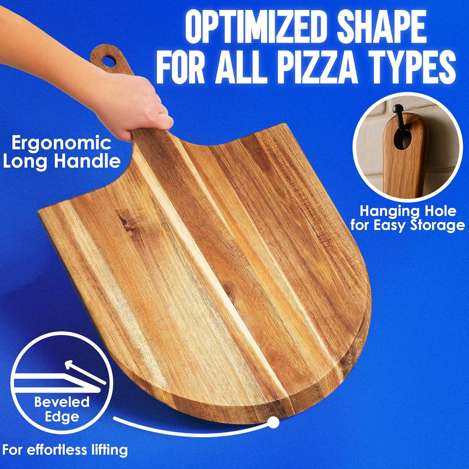 KitchenStar Acacia Wood Pizza Peel 16 inch - Extra Large Wooden Pizza Paddle Spatula for Oven - Beautiful Cutting & Serving Board with Handle - Pizza Oven Accessories