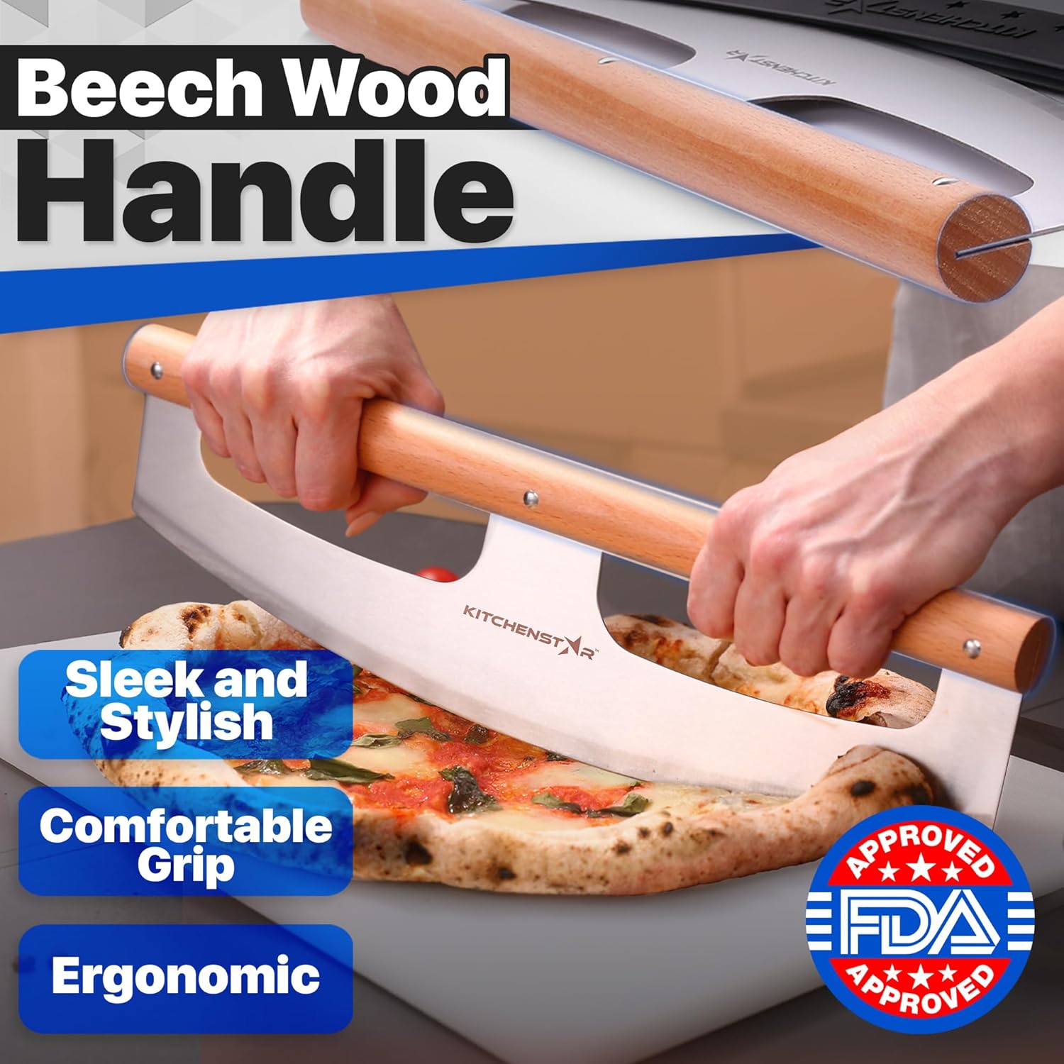 14" Pizza Cutter Rocker by KitchenStar - Razor Sharp Stainless Steel Slicer Knife w Wooden Handle & Blade Cover, Silver - Premium Pizza Oven Accessories