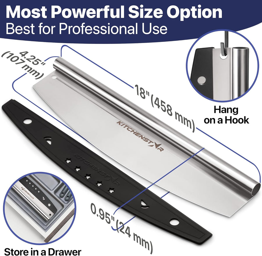 18-Inch Pizza Cutter Rocker Blade — One-Cut Slicing, Silver