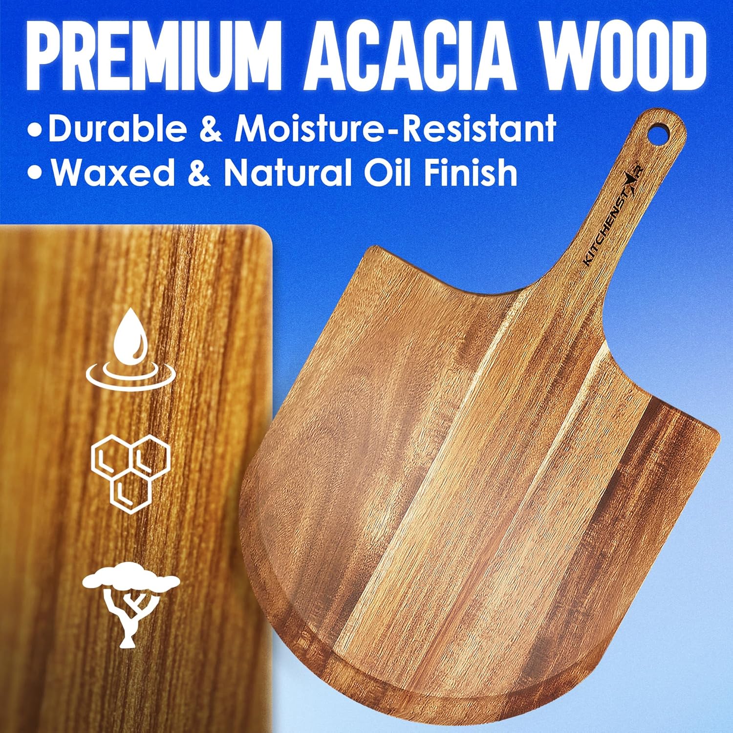 KitchenStar Acacia Wood Pizza Peel 14 inch - Large Wooden Pizza Paddle Spatula for Oven - Beautiful Cutting & Serving Board with Handle - Premium Pizza Oven Accessories