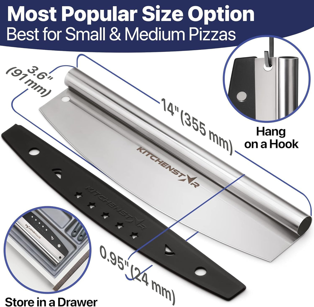 14-Inch Pizza Cutter Rocker Blade — One-Cut Slicing, Silver