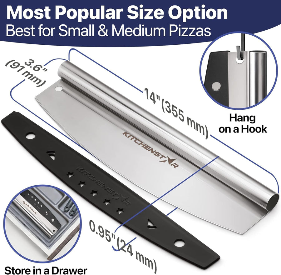 14-Inch Pizza Cutter Rocker Blade — One-Cut Slicing, Silver