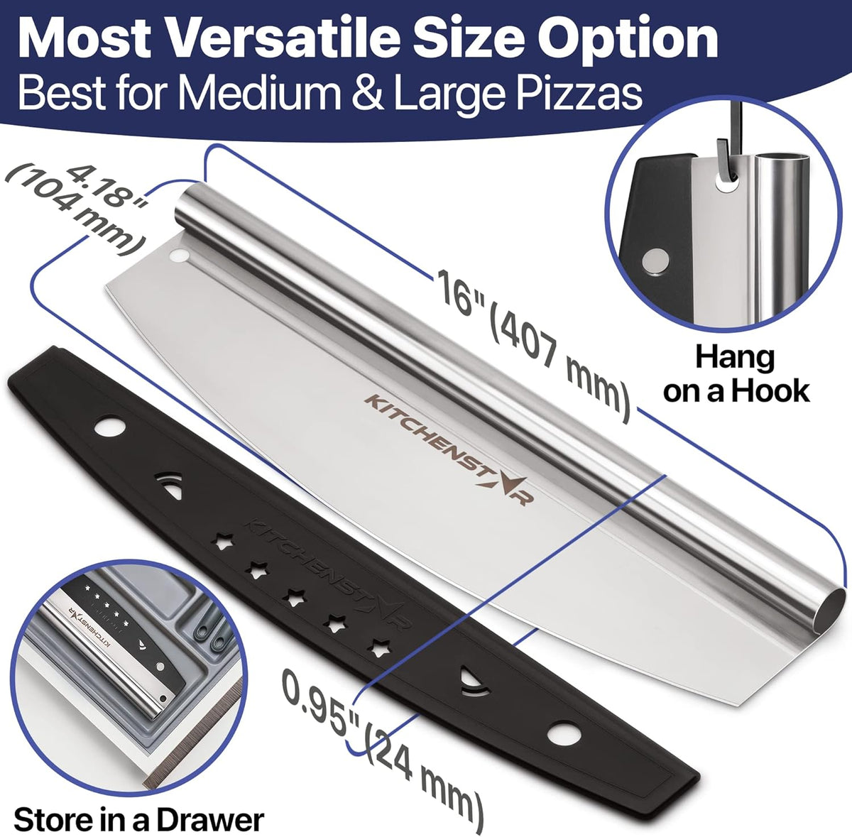 16-Inch Pizza Cutter Rocker Blade — One-Cut Slicing, Silver