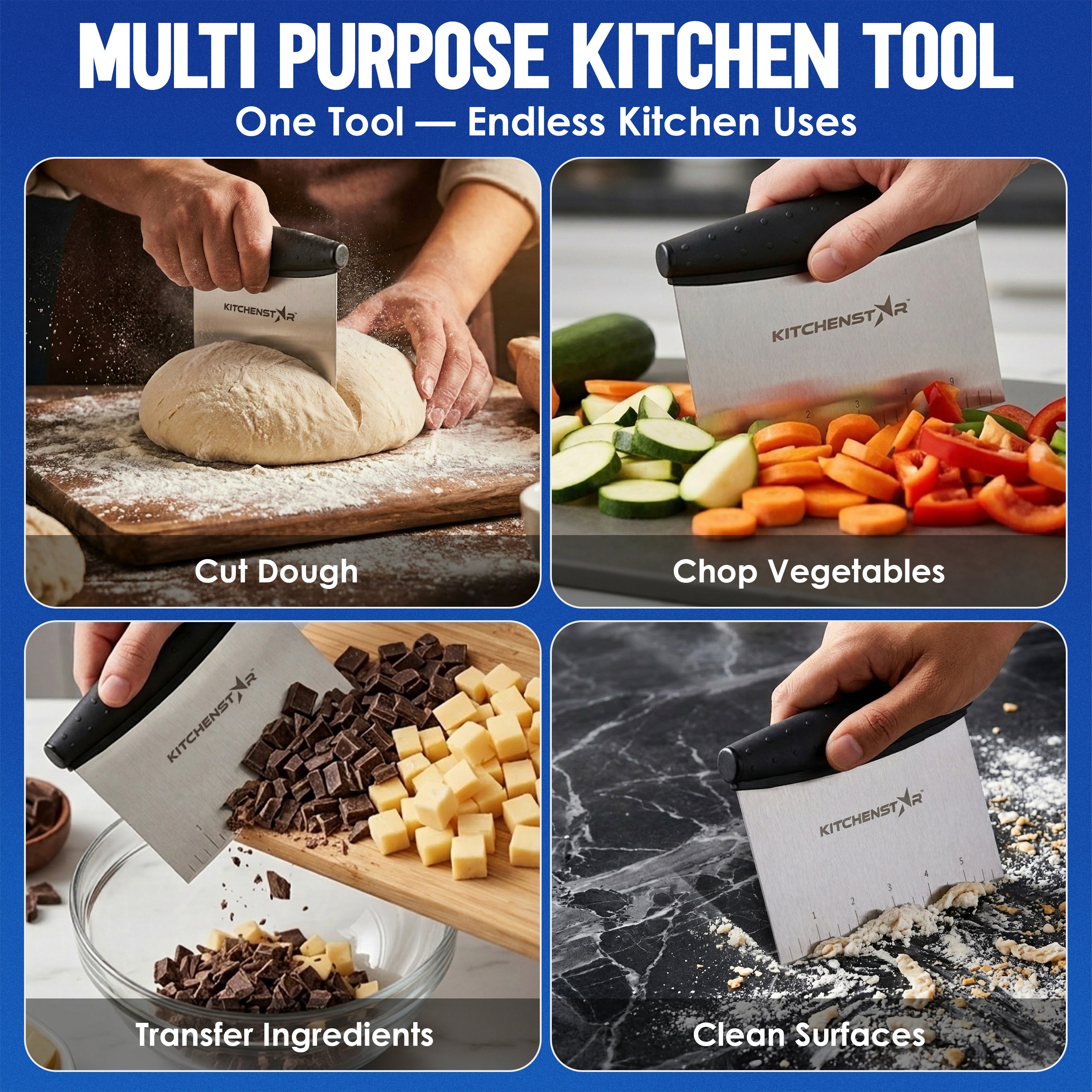 KitchenStar 6-inch Bench Dough Pastry Scraper with Measurement Markings & Ergonomic Handle - Multipurpose Sharp Cutter Tool for Bread, Pizza & Vegetables - Stainless Steel Bench Knife, Dishwasher Safe