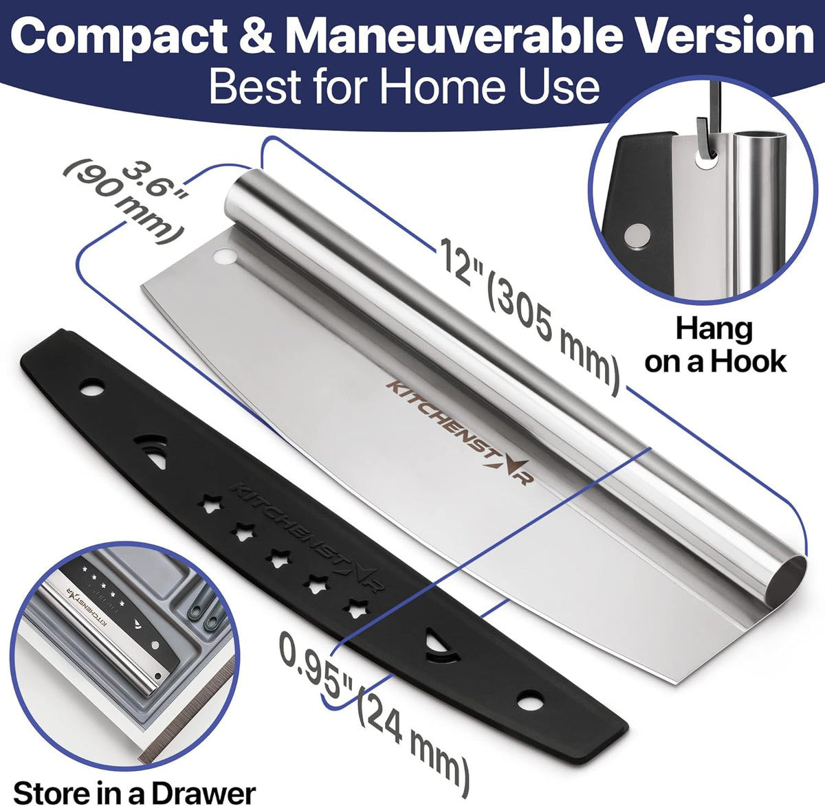 12-Inch Pizza Cutter Rocker Blade — One-Cut Slicing, Silver