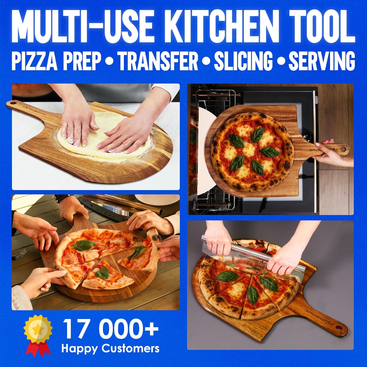KitchenStar Acacia Wood Pizza Peel 14 inch - Large Wooden Pizza Paddle Spatula for Oven - Beautiful Cutting & Serving Board with Handle - Premium Pizza Oven Accessories