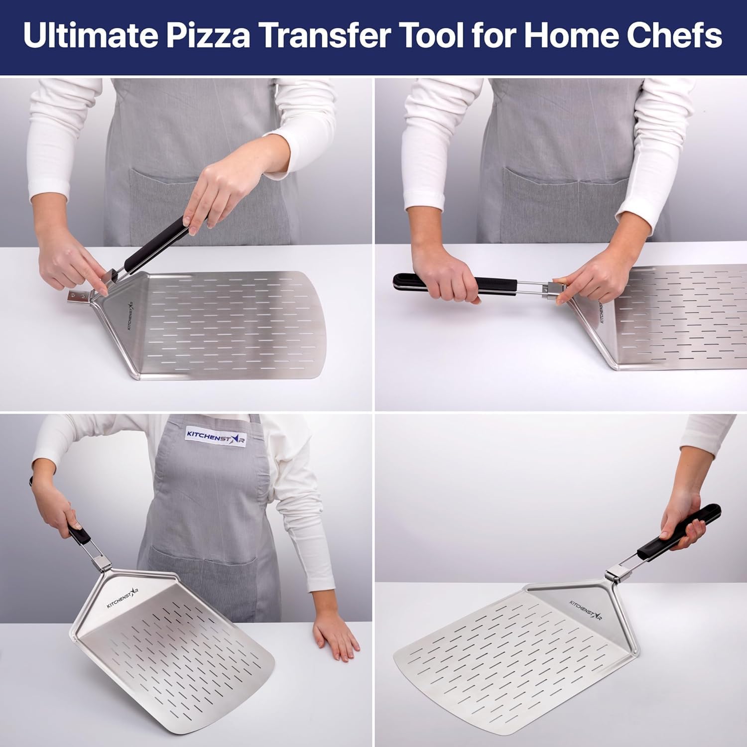 12" Perforated Pizza Peel with Long Folding Handle - Stainless Steel Spatula Paddle for Effortless Pizza Transfer & Easy Storrage - Outdoor Pizza Oven Accessories