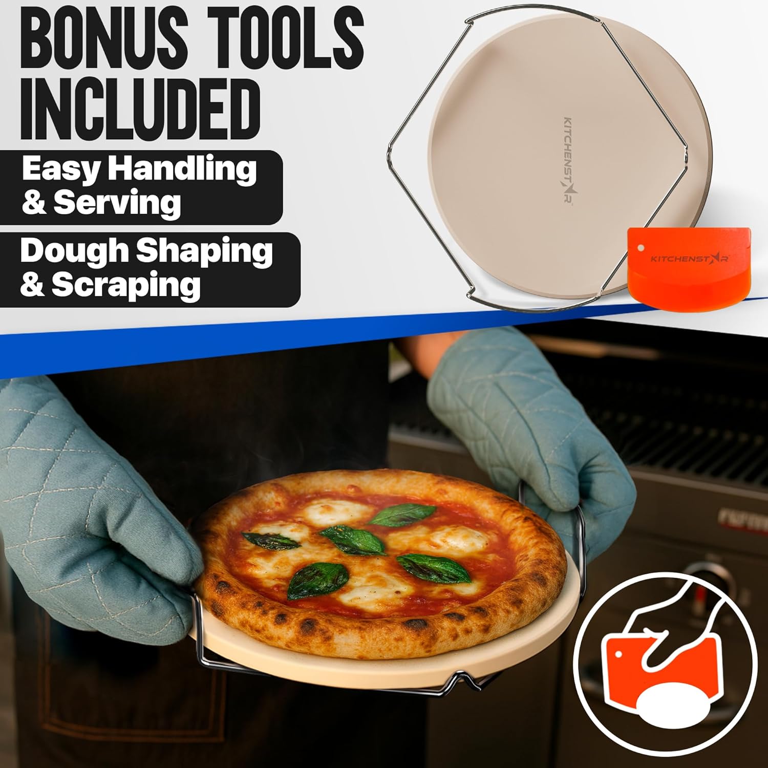 Pizza Stone for Oven and Grill 12 inch - Cordierite Baking Stone Set with Stainless Steel Rack and Plastic Scraper - Durable and High-Quality Ceramic Pizza Stones for Grill and Oven