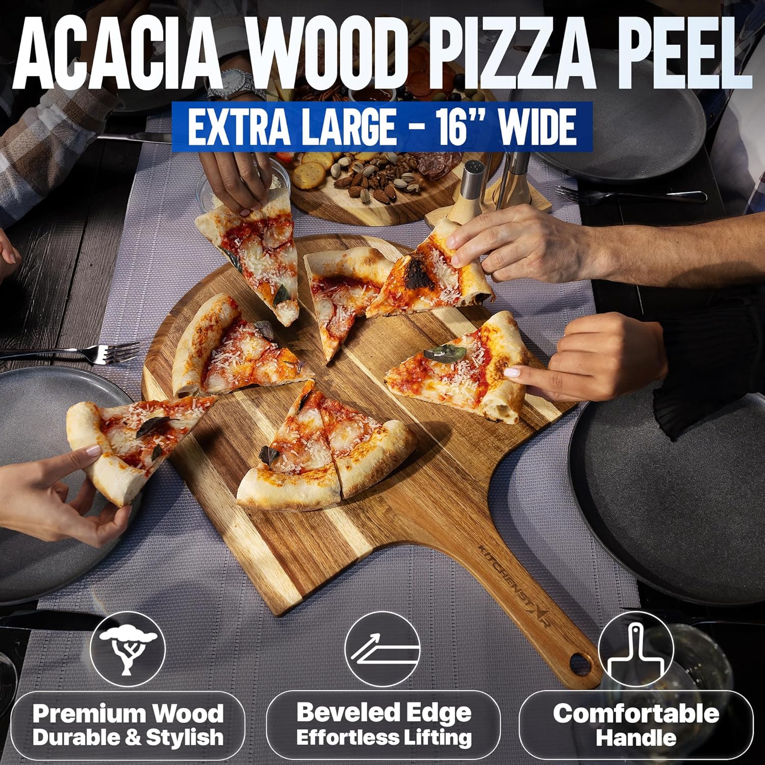 16" Pizza Making Kit (Set of 4 Tools) - Pizza Stone with SS Rack, Acacia Wood Pizza Peel, Stainless Steel Pizza Cutter Rocker w Protective Cover, Metal Brush w Scraper, Oven & Grill Accessories